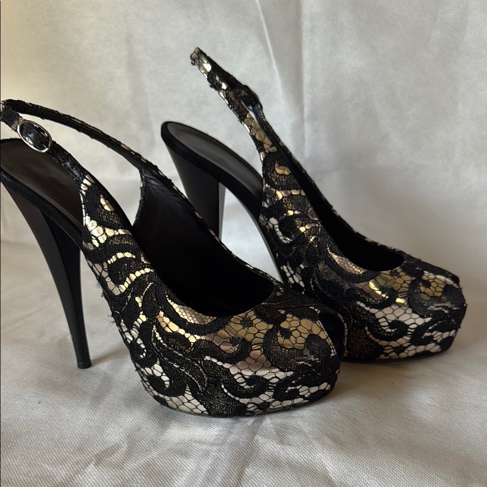 Elegant Black and Gold Lace Slingback Heels